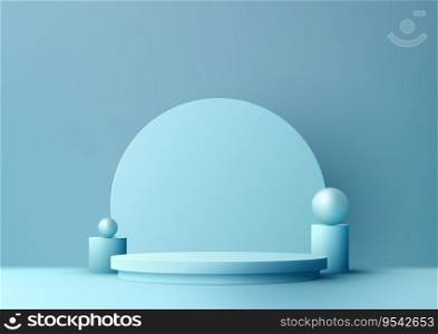 3D blue podium stand with circle backdrop and geometric elements is a modern and stylish mockup purposes, such as product display, marketing, and advertising. Vector illustration