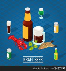 3d bottles and glasses with dark and lager beer and salty snacks on blue background isometric vector illustration. Isometric Beer Background