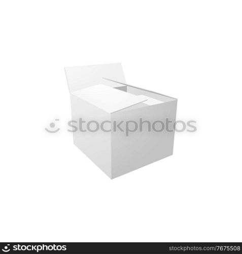 3d box vector mockup, isolated white cardboard package, open carton blank paper pack and delivery parcel template, present, food or cosmetic packaging realistic mock up. 3d box vector mockup, realistic parcel template