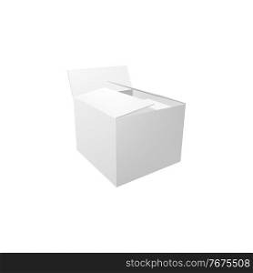 3d box vector mockup, isolated white cardboard package, open carton blank paper pack and delivery parcel template, present, food or cosmetic packaging realistic mock up. 3d box vector mockup, realistic parcel template