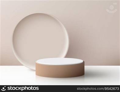 3D brown and white podium with beige circles background is a perfect mockup for product display. vector illustration