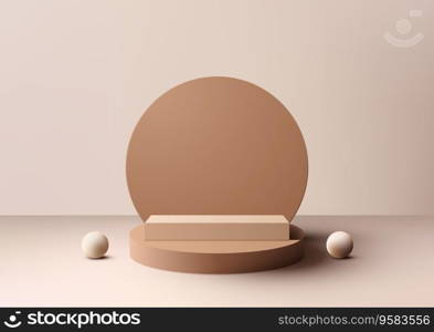 3D brown or beige podium stand with circle backdrop and geometric circles balls elements is a modern and stylish mockup purposes, such as product display, marketing, and advertising. Vector illustration