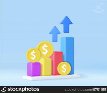 3d Business bar graph strategy concept with coin dollar. Trade arrow and exchange price chart. Investing in currency. Business financial trading concept. 3d rendering. Vector illustration. 3d Business bar graph strategy concept.