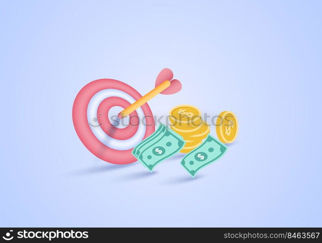 3D business goal idea. Success. Investment marketing. 3d arrow target center and dollar money on pastel background. Minimal cartoon icon. Vector illustration