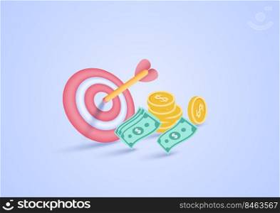 3D business goal idea. Success. Investment marketing. 3d arrow target center and dollar money on pastel background. Minimal cartoon icon. Vector illustration