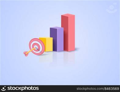 3D business target goals concept, success, investing marketing. 3d arrow targeting center on pastel background. Minimal cartoon icon. Vector illustration