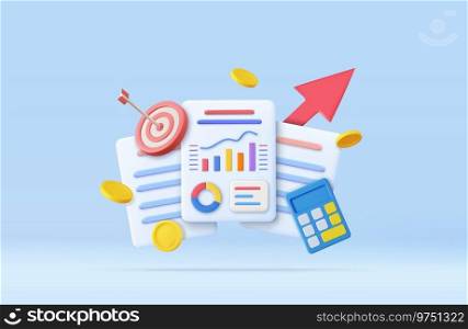 3d Calculator, bar chart, shooting target with floating coin. Concept of personal financial goal achievement, budget planning. 3d rendering. Vector illustration. 3d Calculator, bar chart, shooting target