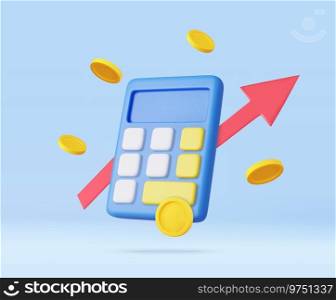 3d calculator Financial icon. money management, financial planning, calculating financial risk, calculator with coins stack and graph. 3d rendering. Vector illustration. 3d calculator icon