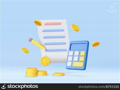 3d Calculator icon and paper document with financial reports. Budget planning, Financial calculation, Paper bill, transaction receipt, finance analyst. 3d rendering. Vector illustration. 3d Calculator icon