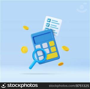 3d Calculator, magnifying glass, checklist with floating coin. . Concept of personal financial management, revenue calculation, accounting. 3d rendering. Vector illustration. 3d Calculator, magnifying glass, dollar coins, checklist.