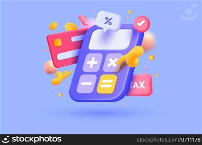 3d calculator render concept of financial management. 3d calculating financial risk planning, calculator with money coins and banknote. 3d tax finance on purple background. 3d Vector illustration