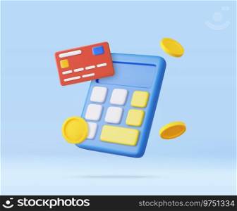 3D Calculator with floating coin and credit card. Budget management concept. Financial calculation of money. Tax time. 3d rendering. Vector illustration. 3D Calculator with floating coin.