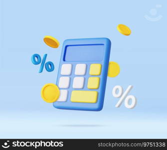 3D Calculator with floating coin. Budget management concept. Financial calculation of money. Tax time. 3d rendering. Vector illustration. 3D Calculator with floating coin.