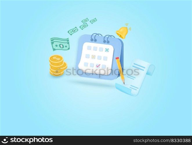3D Calendar concept of financial Coin  and notification Bell. of payment bill notification online payment concepts. calendar with scheduled dates and appointments. Vector illustration