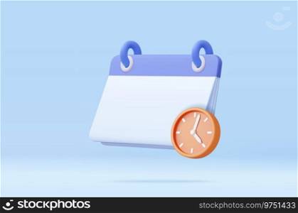 3d calendar icon for reminder day in blue background. Calendar with clock 3d for date time appointment, event day, holiday planning. 3d rendering. Vector illustration. 3d calendar icon