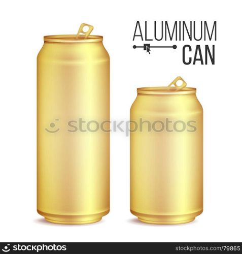 3d Cans Set Vector. Gold, Yellow Can. Beer, Lager, Alcohol, Soft Drink, Soda. 500 And 300 ml. Isolated On White Background Illustration. Realistic Can Vector. Package Design. Fizzy Pop, Lemonade, Cola. Gold, Yellow Can. Isolated On White Background Illustration
