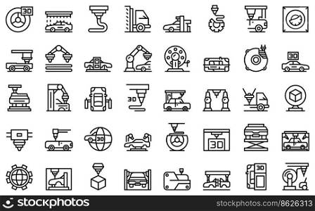 3D cars printing icons set outline vector. Computer printer. Car auto factory. 3D cars printing icons set outline vector. Computer printer
