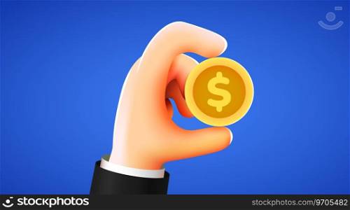 3d cartoon hand holding golden dollar coin. Investment, profit, payment concept. Vector illustration. 3d cartoon hand holding golden dollar coin. Investment, profit, payment concept.