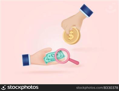 3D cartoon hand passes coin exchange via banknote. holding money in business hand concept of financial management. magnifying business and financial planning ideas. icon vector render illustration 
