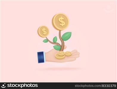 3D cartoon hand with holding golden coins stack with growth tree for business investment, finance strategy, Investing for Profits Banking Finance. 3d business render illustration