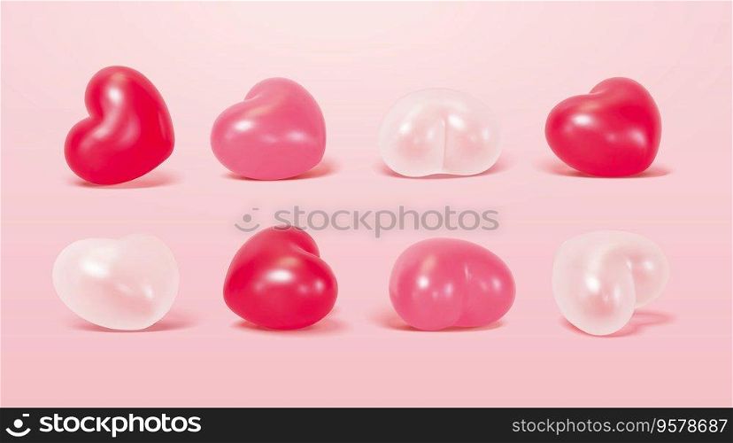 3d cartoon heart balloon collection, isolated on light pink background. Suitable for Valentine&rsquo;s Day and Mother&rsquo;s Day decoration.. 3d cartoon heart balloons