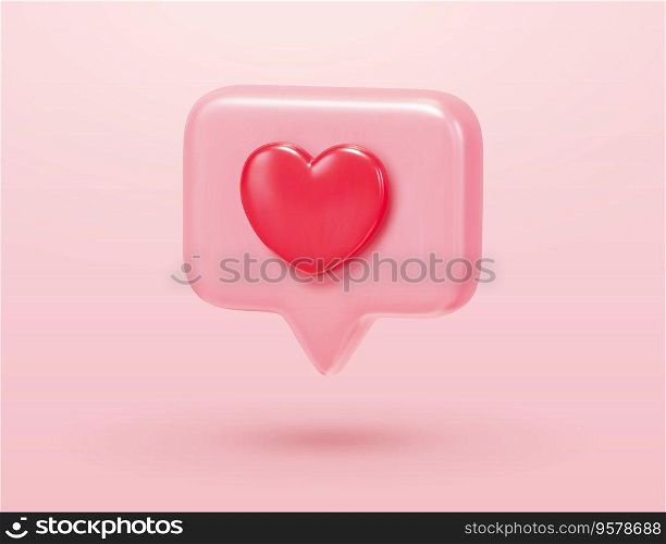 3d cartoon heart icon in square message bubble. Social media notification element isolated on light pink background.. 3d cartoon heart message icon