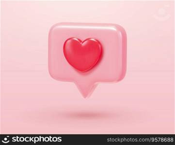 3d cartoon heart icon in square message bubble. Social media notification element isolated on light pink background.. 3d cartoon heart message icon