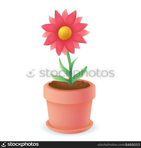 3d cartoon style flower in pot icon on white background. Realistic plant in pot with leaves flat vector illustration. Gardening, nature, foliage, growth, ecology concept