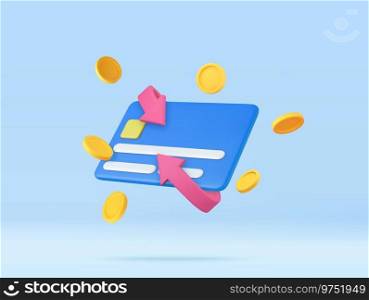 3d Cash back credit card with Arrow icon and coins. Credit or debit card refund money, online payment, Money-saving, money transfer, coins. 3d rendering. Vector illustration. 3d Cash back credit card with Arrow icon and coins