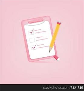 3d checklist with pencil on soft pink pastel background. Check work business. Minimal cartoon icon. Vector illustration