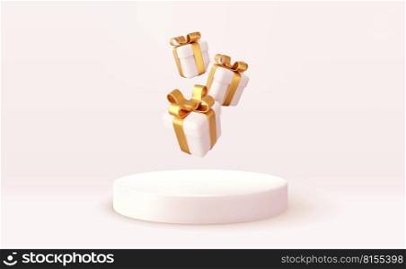 3d Christmas sty≤Product podium sce≠with flying falling white gift box with gold bow. Merry Christmas and New Year festive ban≠r design, greeting card. 3d rendering. Vector illustration. 3d Christmas sty≤Product podium sce≠