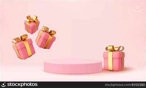 3d Christmas style Product podium scene with flying falling white gift box with gold bow. Merry Christmas and New Year festive banner design, greeting card. 3d rendering. Vector illustration. 3d Christmas style Product podium scene