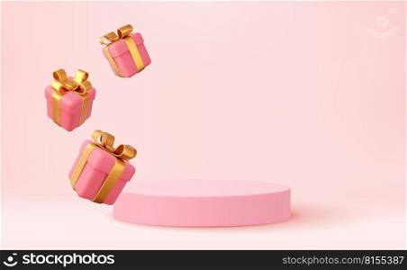 3d Christmas style Product podium scene with flying falling white gift box with gold bow. Merry Christmas and New Year festive banner design, greeting card. 3d rendering. Vector illustration. 3d Christmas style Product podium scene