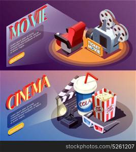 3D Cinema Banners Collection. Set of two horizontal isometric cinema banners with compositions of cumbersome objects with read more button vector illustration