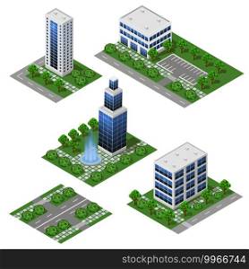 3D City modern buildings. Isometric city modules isolated, street, business and office buildings, houses. Vector set for urban landscapes and metropolis scenes background. Flat style