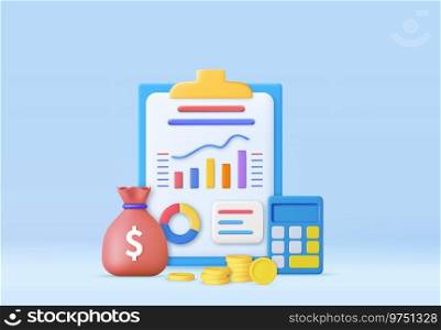3d Clipboard paper graph ,Financial Economics analytics. transactions for Cost reduction saving education concept, calculator, coins, bag money gold. 3d rendering. Vector illustration. 3d Clipboard paper graph ,