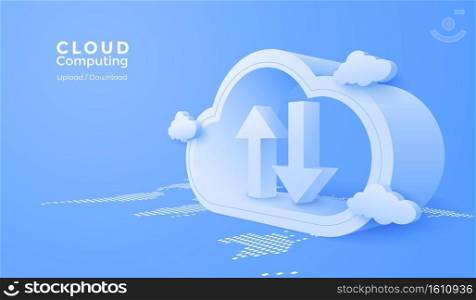 3d Cloud computing online app with data transfering service. Digital technology background. Vector art illustration. 