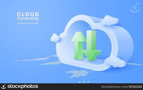 3d Cloud computing online app with data transfering service. Digital technology background. Vector art illustration. 