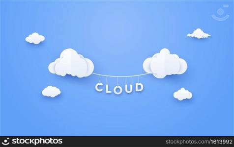 3D Cloud computing online service. Digital business technology background. Vector paper art illustration
