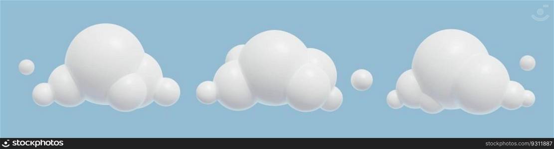 3d Clouds Collection. Glossy Realistic Plastic Cute Toy design elements. Three dimensional vector illustration.