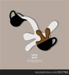 3D coffee cup and milk abstract background with paper cut shapes design for business presentations, flyers, posters