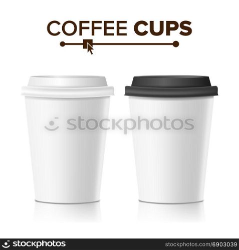 3d Coffee Paper Cup Vector. Collection 3d Coffee Cup Mockup. Isolated Illustration. Realistic Paper Cup Vector. Cafe Latte, Mocha, Cappuccino Cup Mock Up. Isolated Illustration