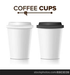 3d Coffee Paper Cup Vector. Collection 3d Coffee Cup Mockup. Isolated Illustration. Realistic Paper Cup Vector. Cafe Latte, Mocha, Cappuccino Cup Mock Up. Isolated Illustration