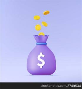 3d Coins float in bag money icon. Business investment, earn Finance saving concept. on pastel purple background. Vector illustration. Coins float in bag money icon.