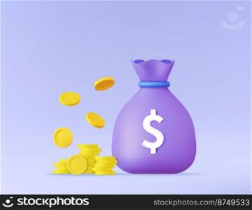 3d Coins stacks and Floating, bag money icon. Business investment, earn Finance saving concept. on pastel purple background. Vector illustration. Coins float in bag money icon.