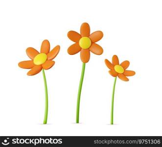 3d colorful daisy flower. Nature elements isolated on white background. 3d rendering. Vector illustration. 3d colorful daisy flower