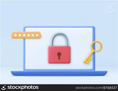 3d computer laptop screen with lock. Personal data security. 3D rendering. Vector illustration. Personal data security. Laptop screen with lock. 3D
