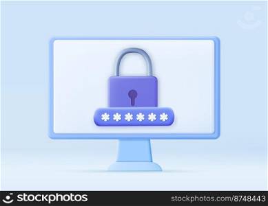 3d computer screen with lock. Personal data security. 3D rendering. Vector illustration. Personal data security. Laptop screen with lock. 3D