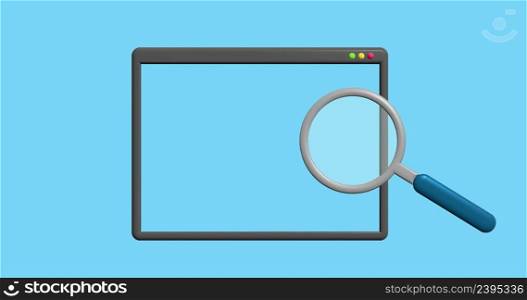 3D concept of internet research. Browser search window 3d. Search concept 3d. . Vector 3D concept of internet research. Browser search window with magnifying glass.