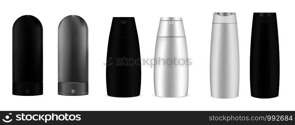 3d cosmetic bottles set. Packaging for gel, shampoo and other liquid products. Vector illustration.. 3d cosmetic bottles set. Packaging gel, shampoo